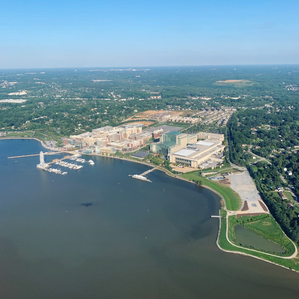 Aerial view of National Harbor with the Capital Wheel and marina