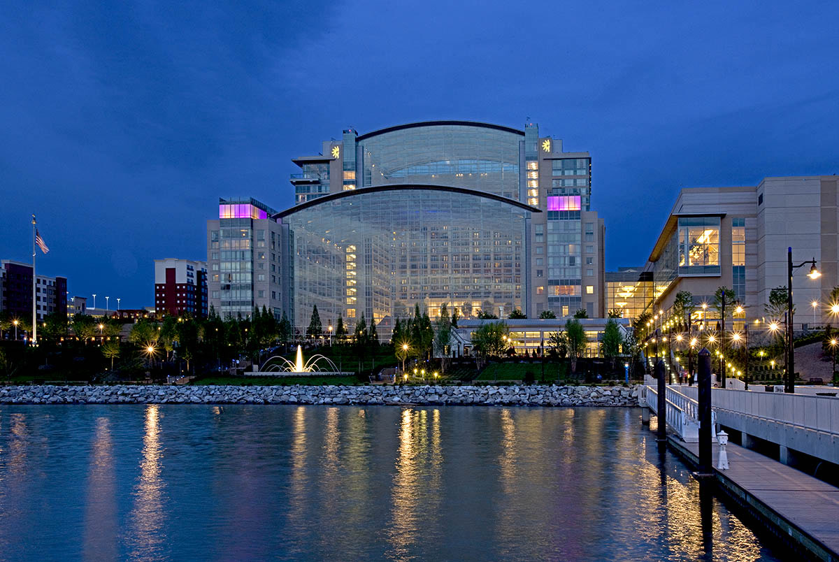 Gaylord National Resort glowing at twilight from the waterfront